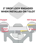Diagram showing 2° drop lock engaged on T-slot for Slide-In 1/4-20 Steel T-Nut for 1 Inch Extruded Aluminum 80/20 T Slot Profiles.
