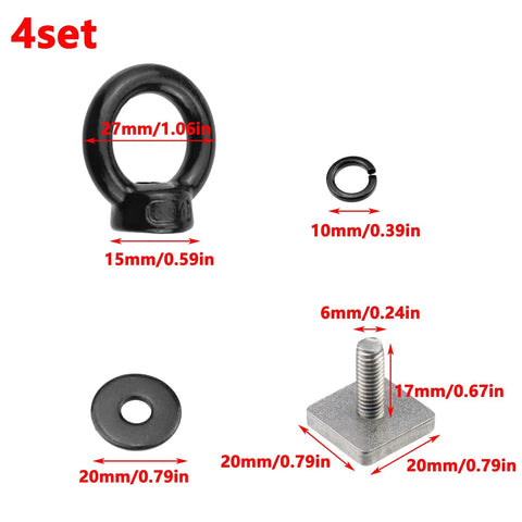 Badass M6 T Track Bolts With Killer Eye Nuts For Heavy Duty Roof Rack Builds Black Finish 304 Stainless Steel Tough Cargo Tie Down Universal Hardware Pack Of Four set of black eye nuts and washers with measurements.