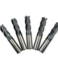 Five 1/2-inch carbide square-end mills, 4-flute, AlTiN coated for alloy and hardened steels, front view