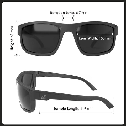 Kickass Z87 Certified Wayfarer Safety Sunglasses Featuring Hella Effective Antifog Smoke Lenses And Totally Shatterproof Matte Black Frames dimensions graphic