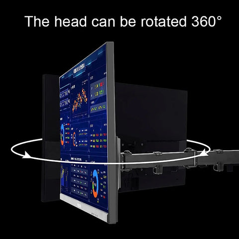 Universal Tabletop Monitor And TV Stand With Full Motion Articulating Arm showing 360° rotation feature with mounted screen.
