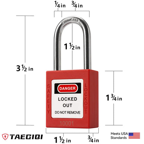 Lockout Tagout Safety Padlocks Set, 10 Red LOTO Locks With Brass Core, Keyed Different, OSHA Compliant padlock, front view