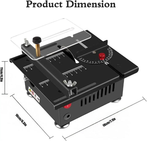 Heavy Duty Mini Table Saw For No Sweat Wood And Acrylic Cuts In Tight Spaces Portable Desktop Electric Craft Saw dimensions illustration.