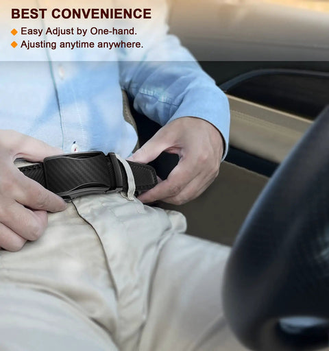 Man adjusting Mens Ratchet Belt Leather Adjustable Slide Belt For Dress Casual Wear 1.38 Inch Width With 32 Notches And Quarter Inch Micro Adjustments Cut To Fit Buckle From 32 To 38 Inch Waist Great Gift in car