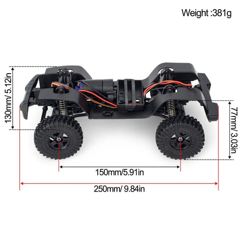 Side view of Hardcore Nylon Crawler Chassis Frame With Gearbox Assembled Upgrade Kit For One Eighteenth Scale RC Crawlers Like Bronco Defender AX8562 Durable Steel Rails, showing dimensions.
