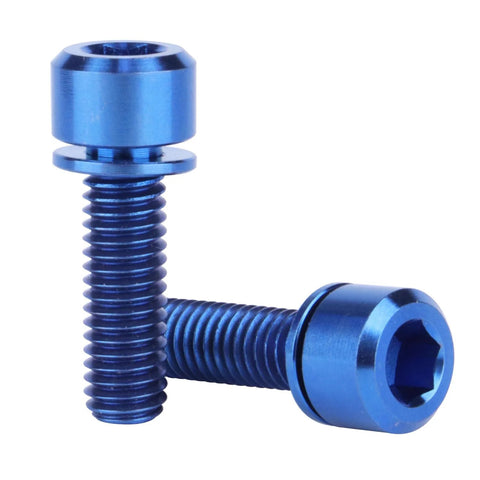 Two blue titanium M6x20mm Allen hex bolts with flange for bicycle