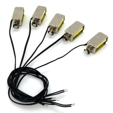 5-pack of 12V DC micro push pull solenoid actuators with 4mm stroke and open frame for precise linear motion in automation projects.