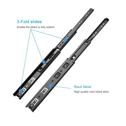 Heavy Duty Ball Bearing Drawer Slides With Soft Closing, 45mm Wide, Full Extension Cabinet Hardware, 100Lb Load Rating, Smooth Glide, Two Rows Of Solid Steel Balls, Galvanized Blue Seal Surface Tough-As-Nails Durability And Performance, black steel 3-fold slides