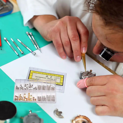 Watch Repair Kit With Stainless Steel Crown And Stem Set used for on the go watch maintenance by a technician
