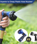 Heavy Duty Metal Hose Nozzle With 8 Spray Patterns High Pressure Water Sprayer in use, blue finish, thumb control valve, outdoor setting