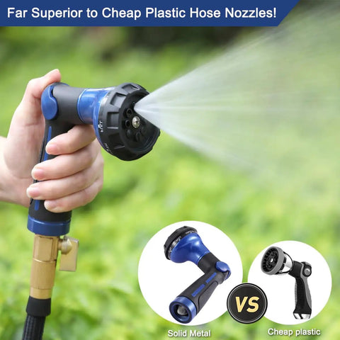 Heavy Duty Metal Hose Nozzle With 8 Spray Patterns High Pressure Water Sprayer in use, blue finish, thumb control valve, outdoor setting