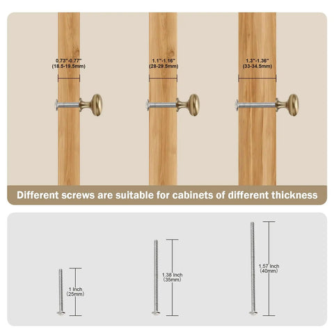 Six Pack Solid Zinc Alloy Cabinet Knobs with different screws for varying cabinet thicknesses