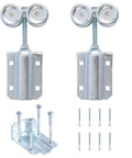 Heavy Duty Exterior Sliding Barn Door Roller Kit With Track Wheels For Doors From One And Three Quarters Inch To Two And One Quarter Inch, Solid Steel With Sealed Ball Bearings, 440 Lb Weight Capacity, Durable 2 Pack For Barn Gates And Shed Doors, showing two sets of steel rollers and hardware.