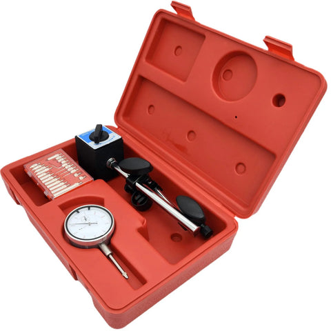 Dial indicator with magnetic base; front view in a red plastic case with long arm and accessory kit.