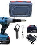 Heavy Duty 21 Volt Brushless Cordless Electric Rivet Gun With Easy Push Trigger Action and Full Shop Ready Kit complete setup.