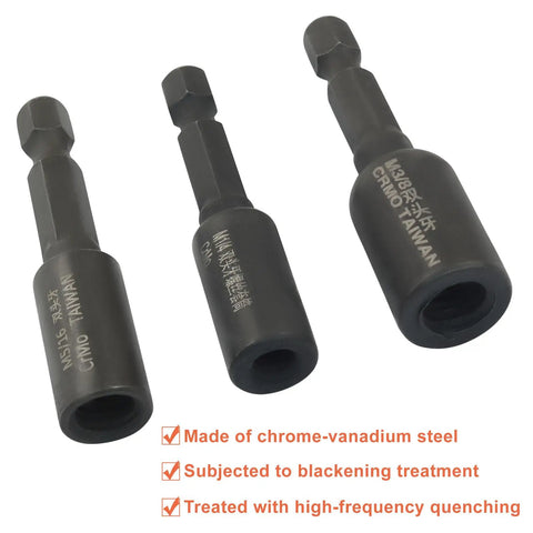 Rock Solid Three Piece Hanger Bolt Drivers For Threaded Rod Installation One Quarter Twenty Three Eighth Sixteen Five Sixteenth Eighteen Alloy Steel High Torque Rust Blocker Gloss Black Top Shelf Tool, chrome-vanadium steel drivers.