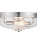 Round Two Light Flush Mount Ceiling Light With Clear Glass Shade For Hallways And Bathrooms Modern Retro Vibe.