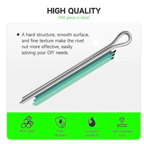410 Piece Cotter Pins and Fastener Kit with 6 Size Options image showing high-quality steel pin and features description