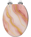 Elongated Toilet Seat Quiet Soft Close Bathroom with a pink marble design and gold accents, featuring adjustable hinges.