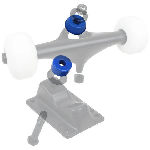 Premium American Longboard And Skateboard Truck Replacement Bushings 4 Pack Soft 88a Blue Cushions installed on a skateboard truck.