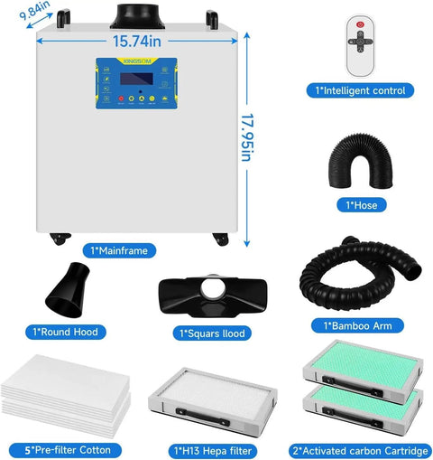 310 M3 Per Hour Solder And Laser Fume Extractor components with filters, mainframe, control, and suction parts displayed.