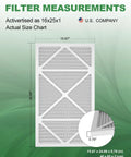 16x25x1 Air Filter 8 Pack MERV 8 Pleated Replacement For Home HVAC AC showing actual size chart 15.67x24.69x0.79 inches