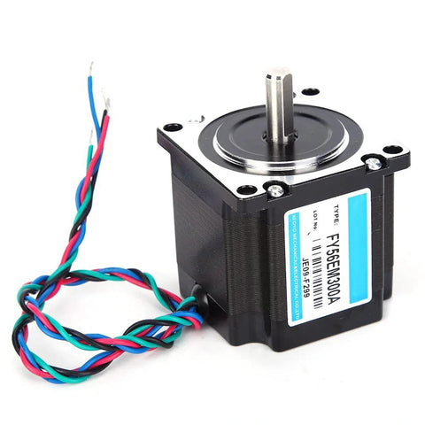 NEMA 23 stepper motor with six-wire harness and black housing.