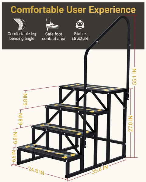 Heavy Duty Rv Entry Steps With Sturdy Handrail Four Step Camper Stairs For Travel Trailers Fifth Wheels And Mobile Homes No Fuss Setup showing dimensions and structure.