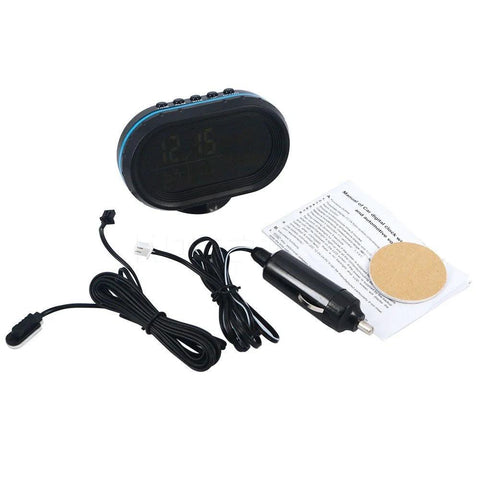 Blue-bezel car thermometer LCD digital clock with voltmeter gauge; 12–24V input, includes lighter adapter and cables