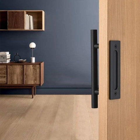 Two Pack 12 Inch Sliding Barn Door Handle Pull And Flush Hardware Set With Flat Back Plate Design In Rustic Black Finish, installed