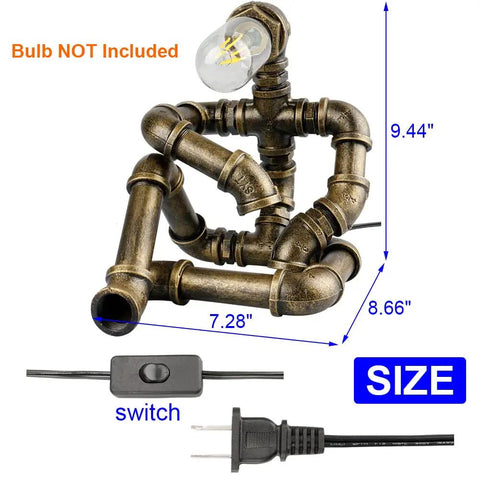 Steampunk Robot Table Lamp With Vintage Industrial Water Pipe Design For Bedside Nightstand Bar Café Quirky Desk Light shown with cord
