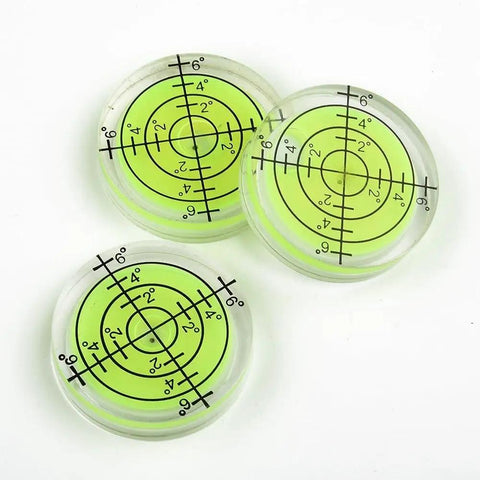 Three 32mm Circular for spirit Level Bubble for Furniture Placement and with green liquid and clear casing for accurate leveling.