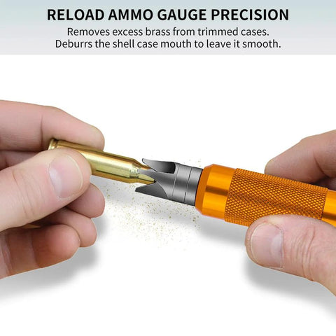 Case prep multi-tool with orange knurled handle, close-up of trimming brass cartridge case