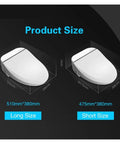Electric Bidet Toilet Seat Cover Pumping Heat With Built In Led Night Light And Kid Safe Bench sizes displayed, long 510x380mm and short 475x380mm.