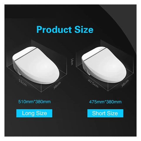 Electric Bidet Toilet Seat Cover Pumping Heat With Built In Led Night Light And Kid Safe Bench sizes displayed, long 510x380mm and short 475x380mm.