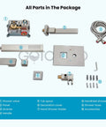 Components of Wall Mounted Tub Filler With Handheld Shower Sprayer No Fuss Dual Function Tub Spout And 2In1 Diverter; shown disassembled