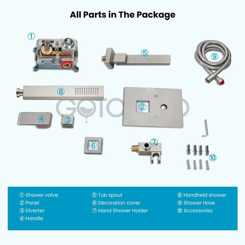Components of Wall Mounted Tub Filler With Handheld Shower Sprayer No Fuss Dual Function Tub Spout And 2In1 Diverter; shown disassembled