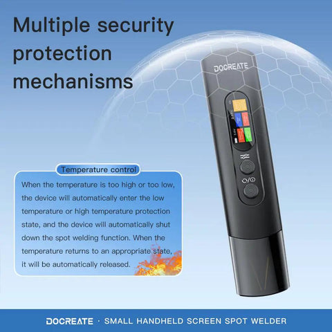Portable Handheld Spot Welder With 2 In 1 Welding Pen Ultra Lightweight 155g showing temperature control screen