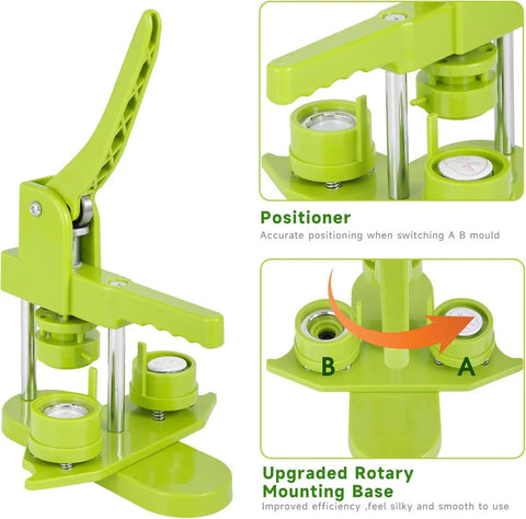 Super Easy Button Maker Machine Kit For Craft Lovers That Works Like Magic And Comes Complete With One Inch Badge Press Tools and plastic backings for precise pin crafting.