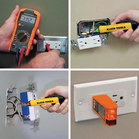 Electrical Test Kit With IR Digital Thermometer Multimeter Non Contact Voltage Tester Pen And Receptacle Tester 4 Piece Set in use