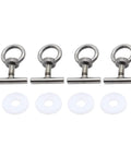 Heavy Duty Eyebolt Lashing Ring Kit For Hoists And Hauling, Expansion Bolts With Threaded Lifting Rings, Cargo Securement Fasteners, Replacement Lashing Gear For Industrial Transport. Four stainless steel eye bolts and white washers