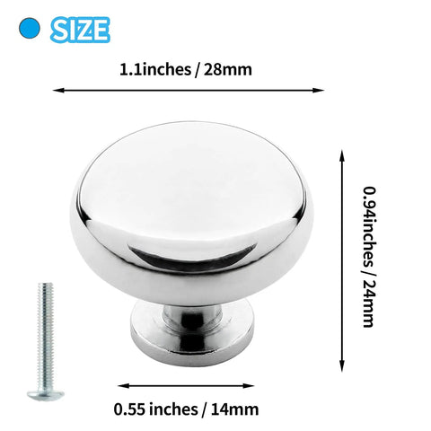 Dimensions of 5 Pack Polished Chrome Cabinet Knobs, Round Drawer Handles For Kitchen Cabinets, Zinc Alloy with Screw