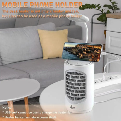 Compact Ceramic Space Heater 600W with LED Light and 4 in 1 Function Desk Heater as phone holder on office desk