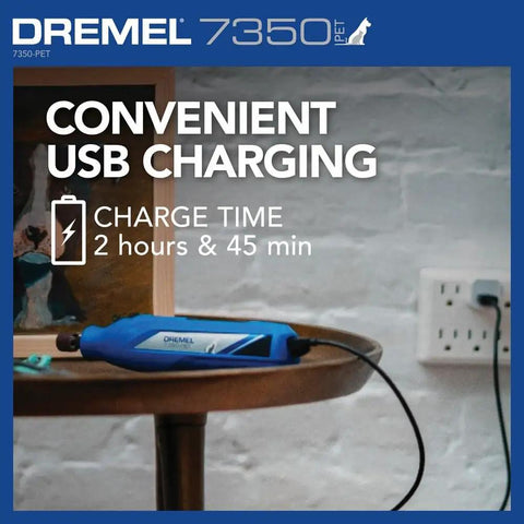 Silent Cordless Pet Nail Grinder With Diamond Rotary Bit For Dogs And Cats, USB charging detail with charge time 2h 45m.