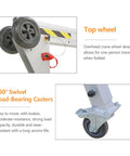 Heavy Duty Aluminum Gantry Crane Setup Boasting Slick 360 Spin Arm Quick Height Tweaks And No Sweat Rolling Casters, top wheel and 360° swivel casters close-up.