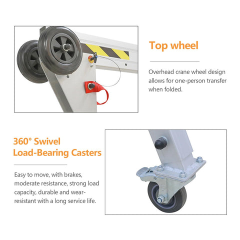Heavy Duty Aluminum Gantry Crane Setup Boasting Slick 360 Spin Arm Quick Height Tweaks And No Sweat Rolling Casters, top wheel and 360° swivel casters close-up.