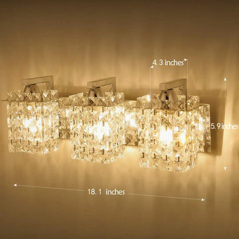 Crystal Drop Wall Sconce In Polished Chrome Finish Three Light Vanity Lighting dimensions 18.1x5.9 inches lit with warm glow