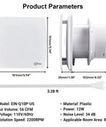 Dimensions and specifications of a 4 Inch Wall Mount Exhaust Fan 56 CFM Plug In Quiet Bathroom Vent With Backdraft Damper For Kitchen Garage Office Grow Tent 12W White No Timer Keeps Humidity Down And Odors Out, including cable length and noise level.
