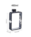 Flat Square Water Bottle For On The Go Hydration, Leak Proof And Drop Proof, 480ml capacity with measurements, black color