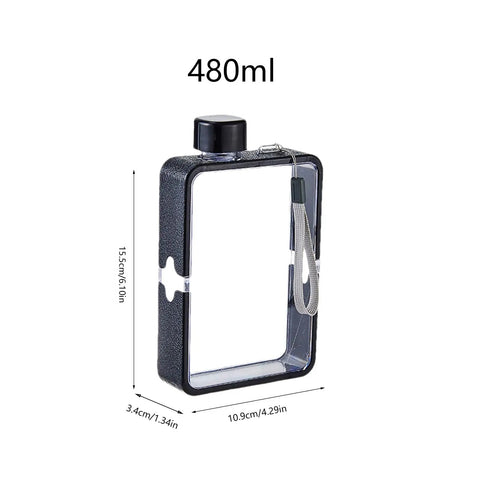 Flat Square Water Bottle For On The Go Hydration, Leak Proof And Drop Proof, 480ml capacity with measurements, black color